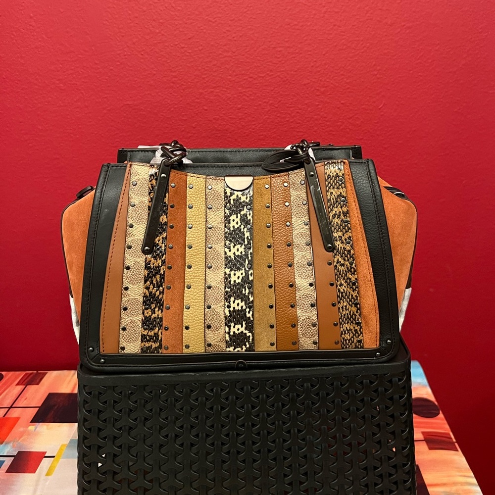 Patchwork Striped Leather Tote in Tan and Black